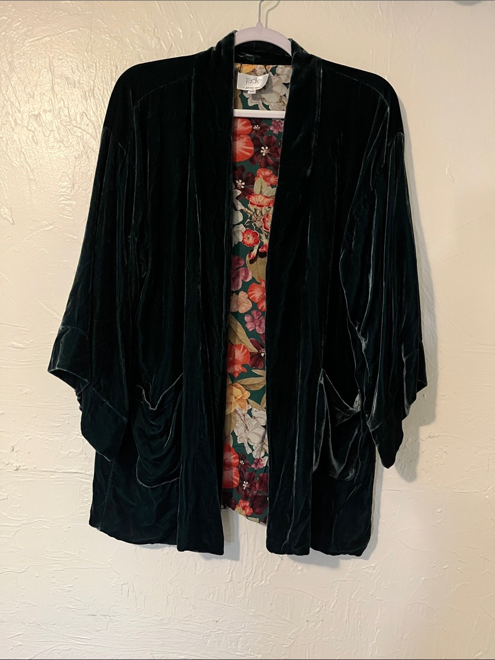 Jade Velvet Open-Front Kimono with Floral Lining